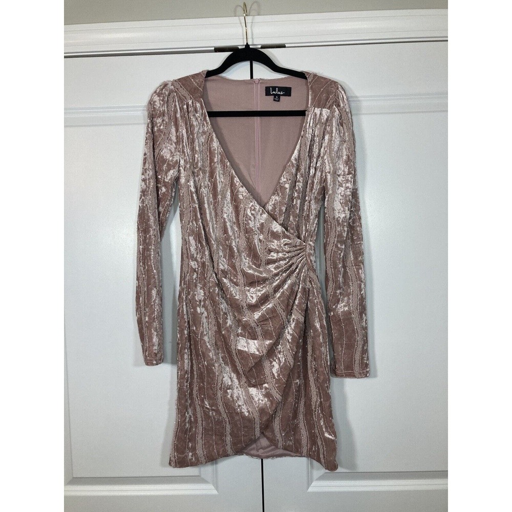 Lulu's Dress Bodycon Mock Wrap Velvour Embellished Tulip Hem Mini Pink Size S